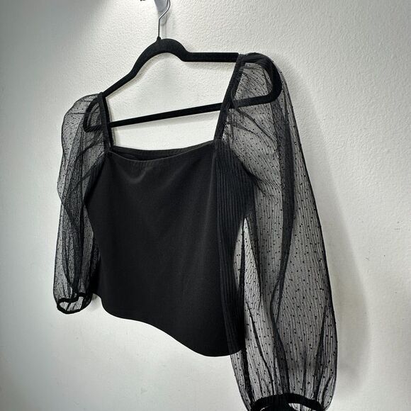 Socialite Black Square Neck Sheer Polka Dot Mesh Balloon Sleeve Crop Top M - Picture 7 of 12